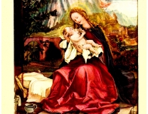 Isenheimer Altar „Maria mit dem Kind“ M. Grünewald; Frankreich Colmar Unterlinden ©noten-apitz.de; Bildquelle: „Der Isenheimer Altar des Matthias Grünewald – 10 Farbtafeln nach dem Original in Kolmar“, Angelsachsen-Verlag Bremen, Herausgeber: F. Bruckmann. München