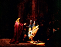 Simeon im Tempel; Er sieht Jesus und singt seinen Lobgesang „Nunc dimittis“, die Priester und die heilige Familie schauen zu. Schriftfeld: Simeon im Tempel singt seinen Lobgesang „Nunc dimittis“ (Bibel: Lk 2,29-32); Rembrandt van Rijn ©noten-apitz.de; Bildquelle: Rembrandt, … Katalog von Miloslav Racek, Verlag: Artia Praha Printed in Czechoslavakia, Graphische Gestaltung: Miroslav Cacký
