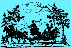 Bild: Pferdeschlitten, fröhliche Gesellschaft mit Schellring… in Winterkleidung, Winterwald Bildlegende: Eva Schönberg Scherenschnitt © noten-apitz.de Bildquelle: Musikverlag Apitz
