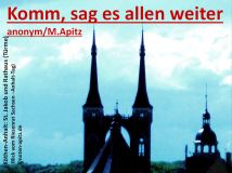 Komm, sag es allen weiter anonym/M. Apitz (Manfred Apitz); Köthen-Anhalt: St. Jakob und Rathaus (Türme) (Blick vom Riesenrat Sachsen –Anhalt-Tag) Sparte: Weihnachten