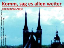 Komm, sag es allen weiter anonym/M. Apitz (Manfred Apitz); Köthen-Anhalt: St. Jakob und Rathaus (Türme) (Blick vom Riesenrat Sachsen –Anhalt-Tag) Sparte: Weihnachten