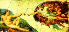 Erschaffung Adams, Michelangelo B. (Michelangelo Buonarroti, Michelangelo di Lodovico Buonarroti Simoni, Six. Kapelle Rom (Sixtinische Kapelle Rom)©noten-apitz.de; Bildquelle: „Malerei der Jahrhunderte, Europäische Meisterwerke von Giotto bis zur Gegenwart“, VEB E. A. Seemann Buch- und Kunstverlag Leipzig (E.A.S) 1960