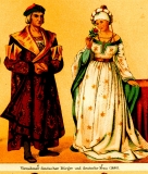 Vornehmer deutscher Bürger und deutsche Frau 1480 ©noten-apitz.de; Bildquelle: Meyers Konversations-Lexikon 4.Auflage 1888 Leipzig Verlag des Bibliographischen Instituts