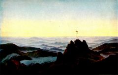 Morgen im Riesengebirge, Berliner Alte Nationalgalerie ©noten-apitz.de; Bildquelle: „Caspar David Friedrich 30 meist farbige Bilder mit … Text v. Hohannes Beer“, Verlag der Eiserne Hammer Karl Robert Langewiese, Königstein im Taunus und Leipzig aus der Reihe „Der eiserne Hammer – das Gute für alle“ (zw. 1933-1945), Farbaufnahmen der bunten Bilder v. Firma L. Held, Hofphotograph, Weimar, Druck: Fr. Richter, Leipzig, 120 Pfg.